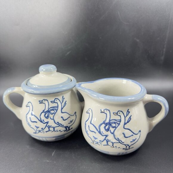 LOUISVILLE Stoneware Sugar Bowl Creamer Set Gaggle of Geese Pottery Set 2 USA - Picture 14 of 15